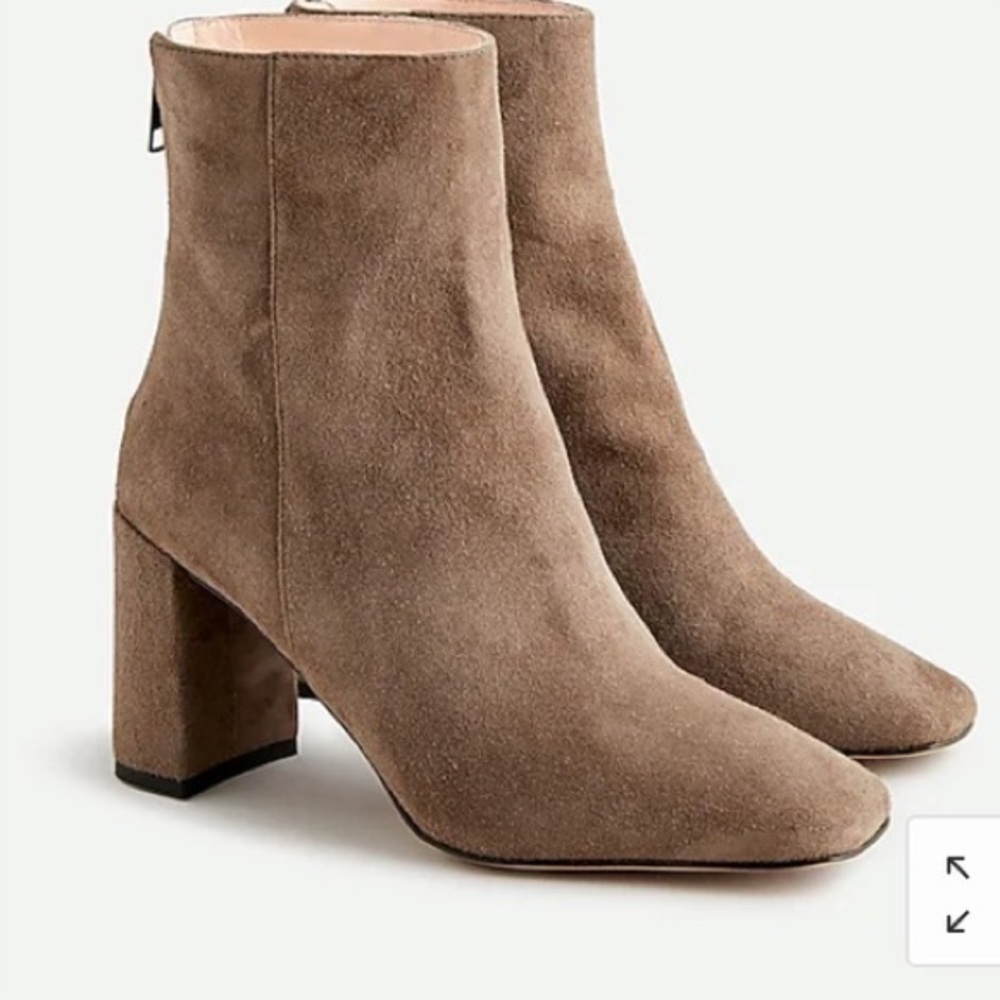 J.CREW SUEDE ANKLE BOOTS, MODERN SLIGHTLY SQUARE TOE, BLOCKED HEEL. SIZE: 8.5